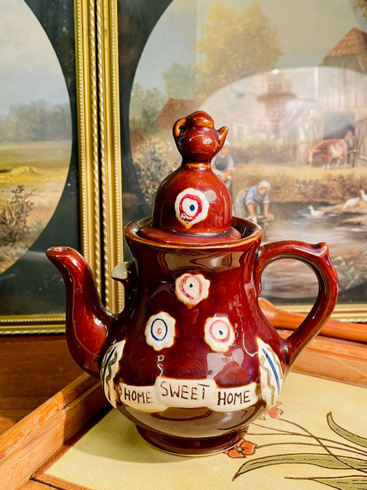 Vintage “Home Sweet Home” Brown Ceramic Teapot – Cottage Collectible