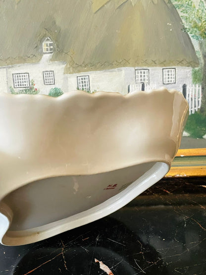 Antique H.B. Limoges France Hand-Painted Floral Serving Bowl – Pink & Gold Scalloped Porcelain