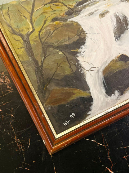 Framed Waterfall Landscape Painting on Canvas Panel 17 inch