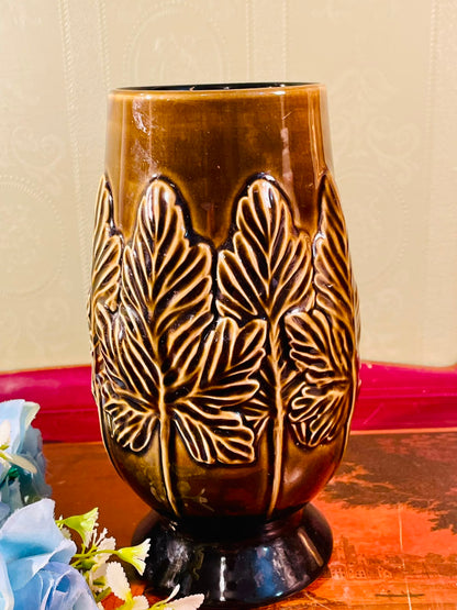 Sylvac Brown Leaf-Relief Ceramic Vase – 8.5 Inch