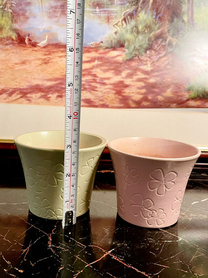 Set of 2 Vintage England Pastel Ceramic Planters – Green & Pink Flower Embossed Pots