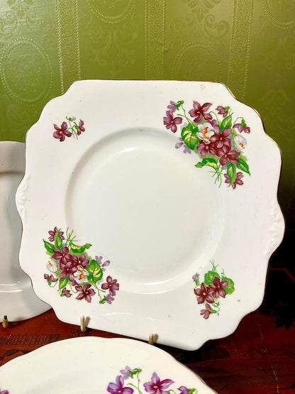 Fine Bone China Violet Floral Cake Set (Plater + Plates) | Made in England