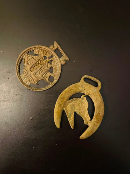 Vintage Brass Horse Medallion & Ship Trivet Set of 2