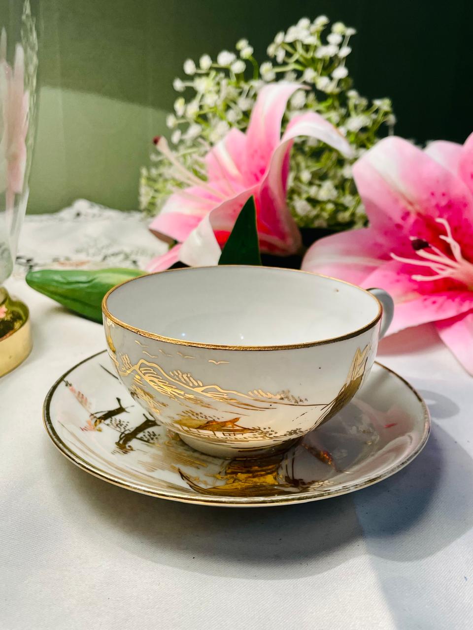 Vintage Hong Kong Porcelain Cup & Saucer with Gilt Oriental Scene