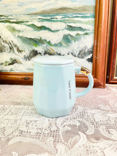 Blue Ceramic Geometric Mug With Lid