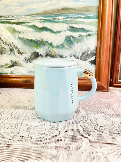 Blue Ceramic Geometric Mug With Lid
