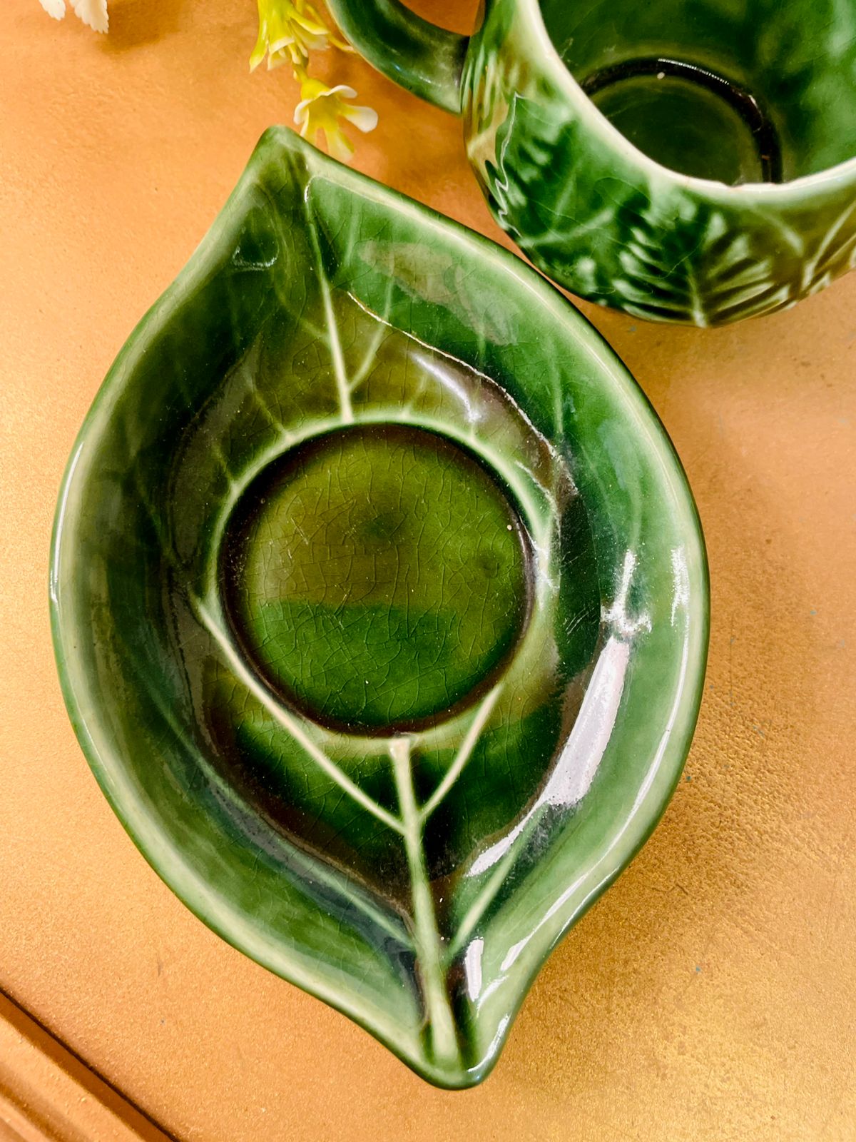 Vintage Green Leaf Creamer & Saucer Set Portugal