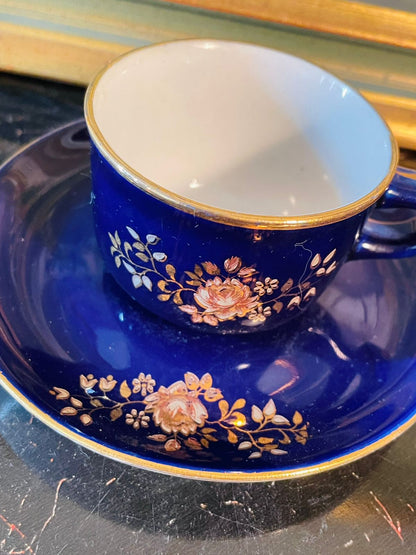 Vintage Sunlit Park Japan Cobalt Blue Mini Cup & Saucer – Hand-Painted Gold Floral Design – 2.5 Inches