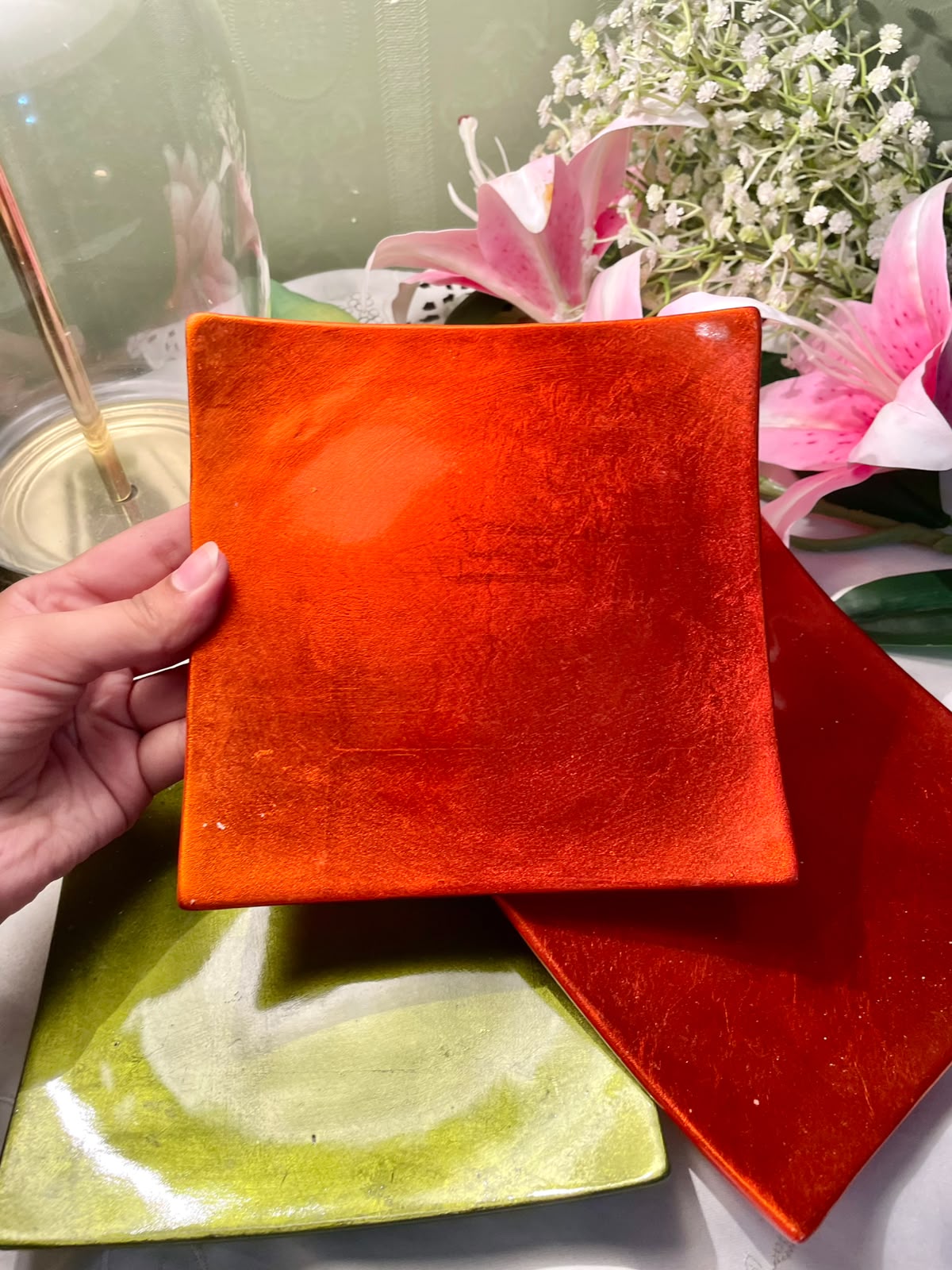 Square Metallic Orange & Green Decorative Plates Set of 3