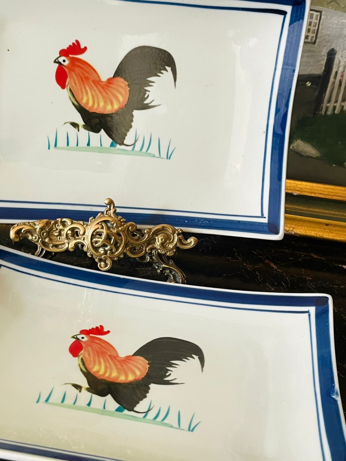 Set of 2 Hand-Painted Rectangular trays with Rooster Design – Asian Porcelain Tableware