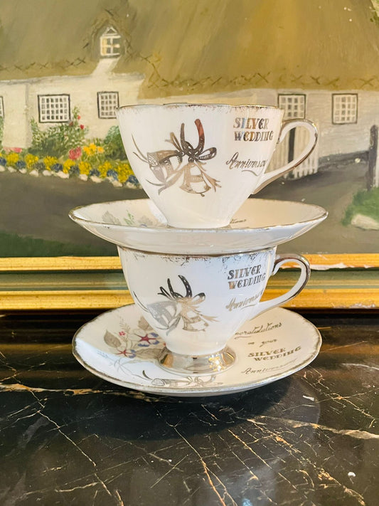 Silver Anniversary Pair of Bone China Cups & Saucers – Made in England