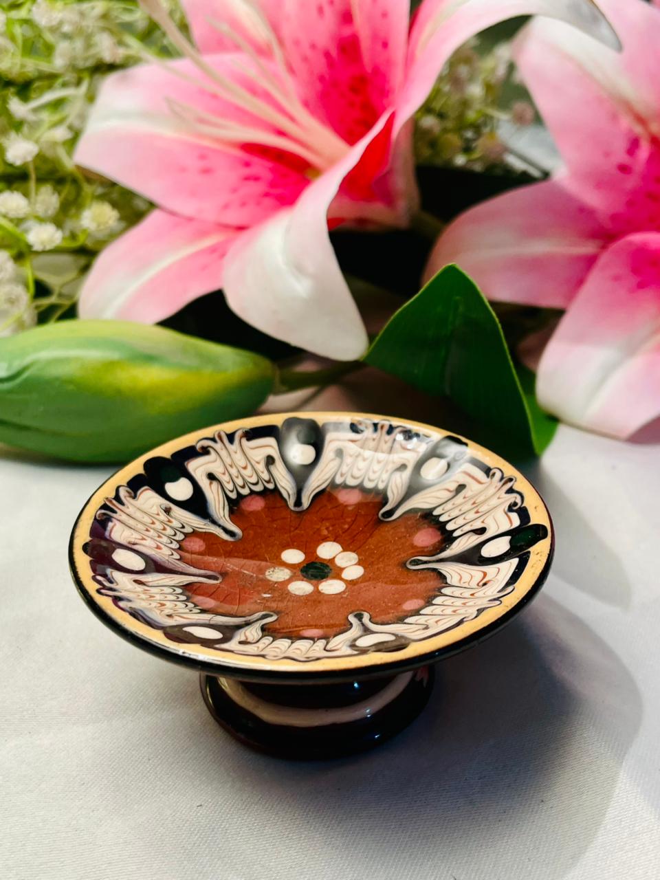 Brown Pedestal Trinket Dish with Abstract Pattern 3 in