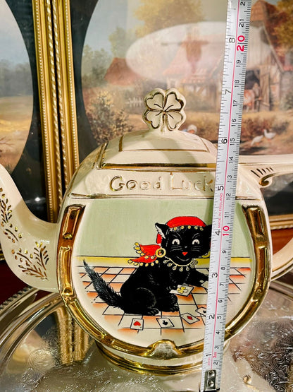 Vintage Good Luck Black Cat Teapot – Fortune & Playing Cards Design