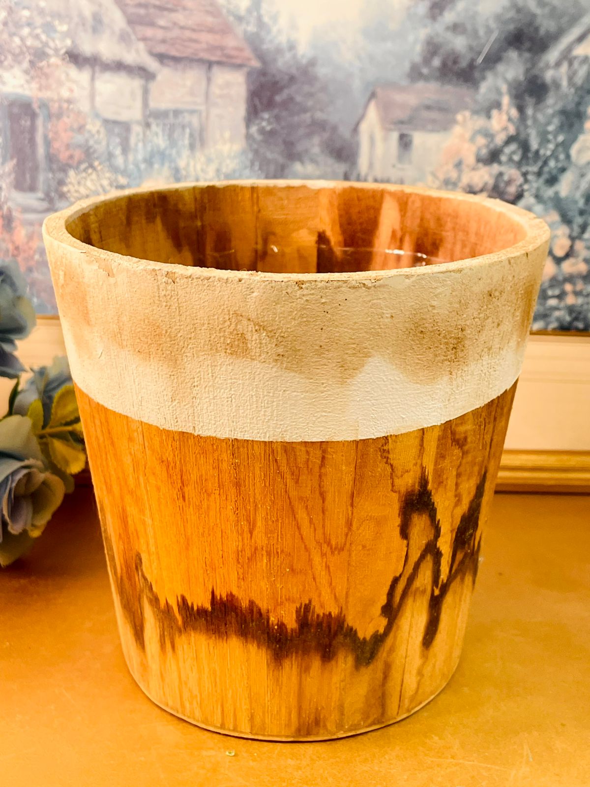 Rustic Wooden Effect Planter Farmhouse Decor Pot