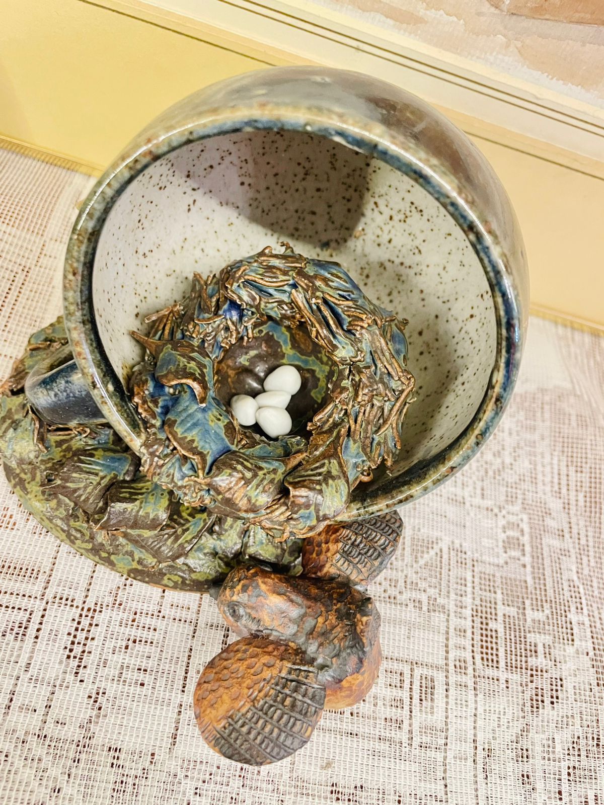Vintage Bird in a Cup Ceramic Figurine - Handcrafted Nature-inspired Art