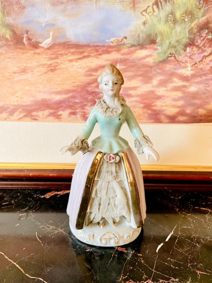 vintage porcelain figurine, antique lady statue, lace porcelain doll England, collectible porcelain lady, Victorian figurine décor, European vintage collectible, hand painted porcelain, retro ceramic doll, thrift vintage home décor, rare porcelain doll