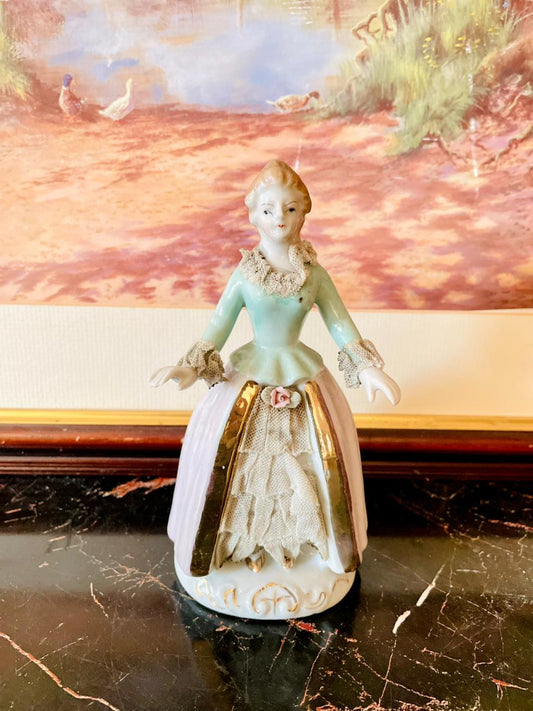 vintage porcelain figurine, antique lady statue, lace porcelain doll England, collectible porcelain lady, Victorian figurine décor, European vintage collectible, hand painted porcelain, retro ceramic doll, thrift vintage home décor, rare porcelain doll