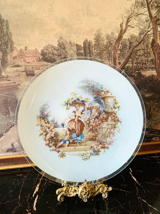 vintage Victorian plate, frosted glass decor plate, romantic lady with children plate, floral garland plate, European collectible plate, English cottage decor, rare thrift finds, antique wall plate, vintage home decor Pakistan, high-end thrift collection
