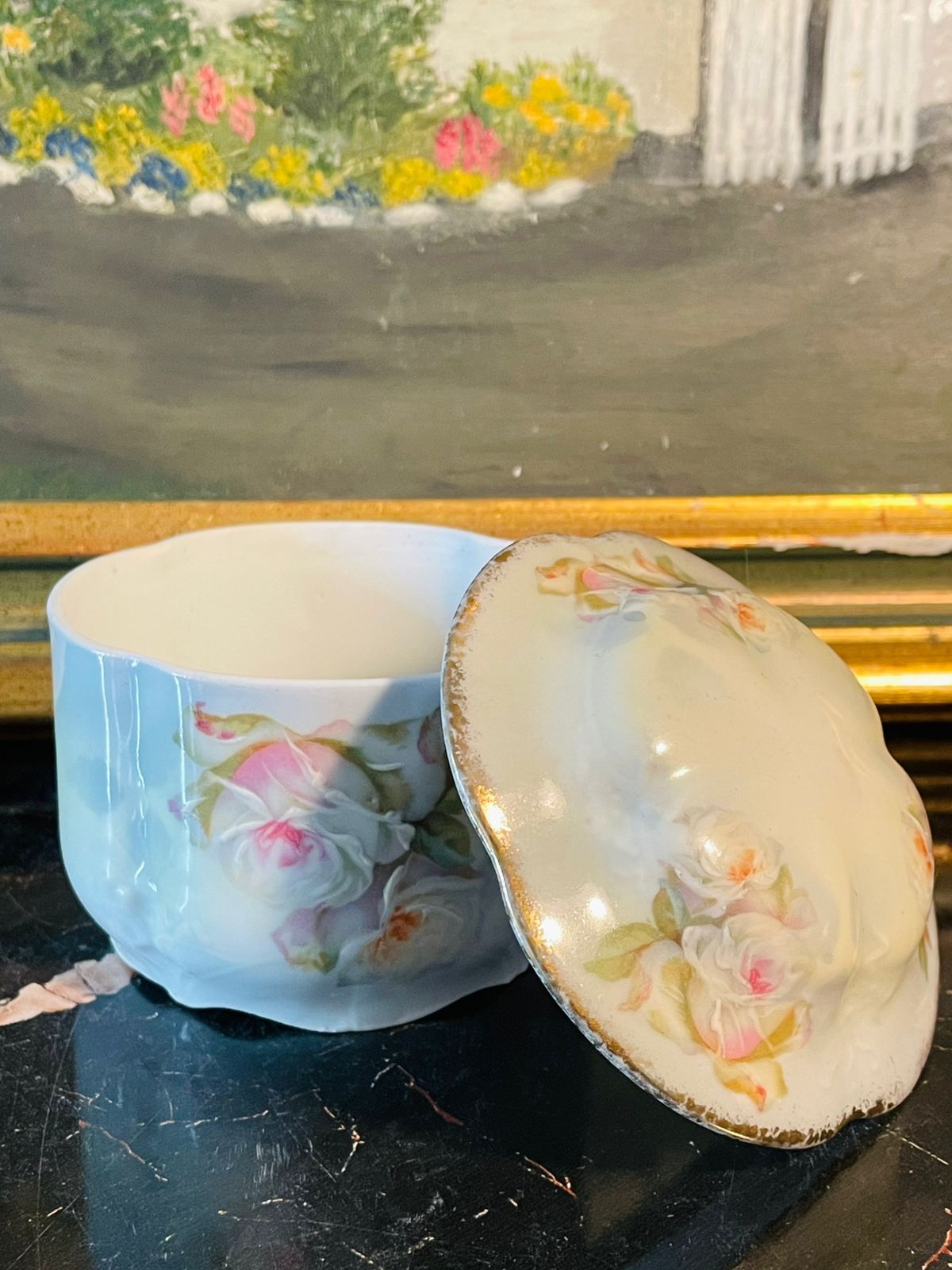 Vintage Porcelain Trinket Jar with Lid – Hand-Painted Pink Roses – 3.5 Inches