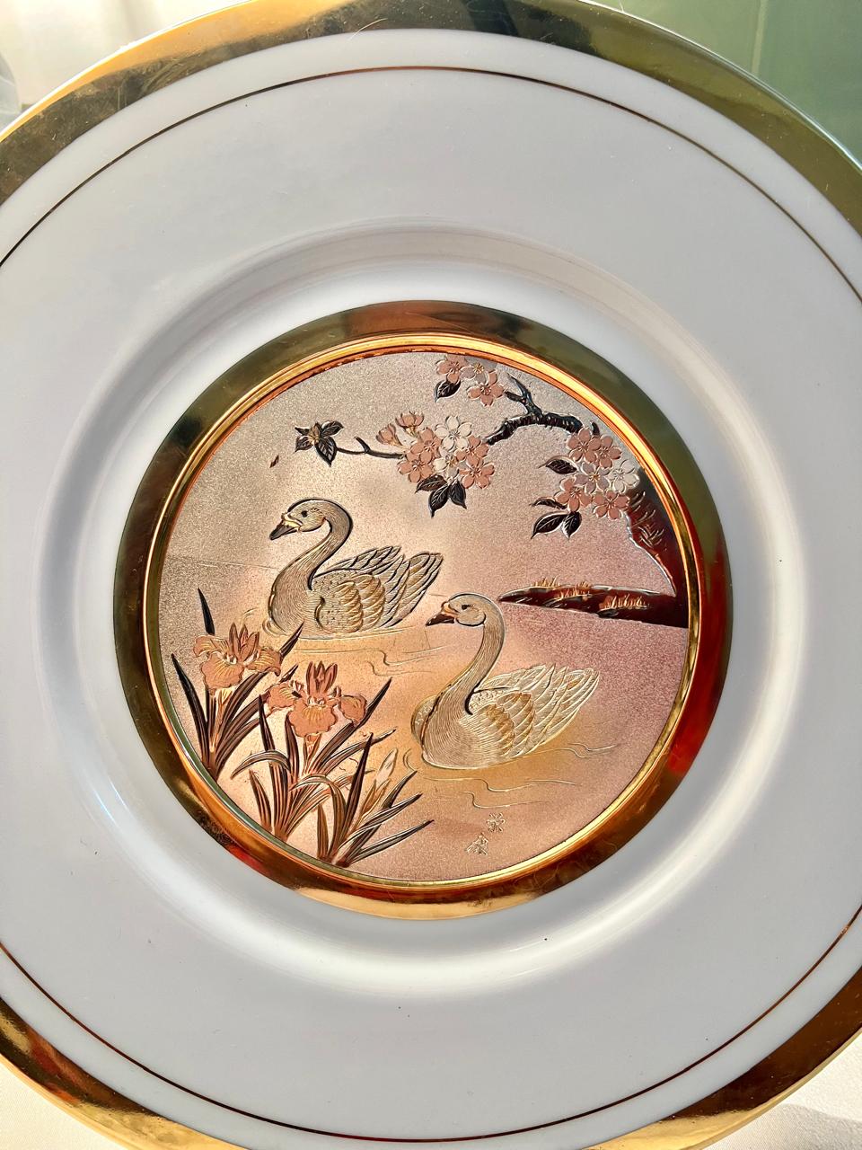 (RARE FIND) Art of Chokin Swan 24K Gold Edged Decorative Plate 25cm