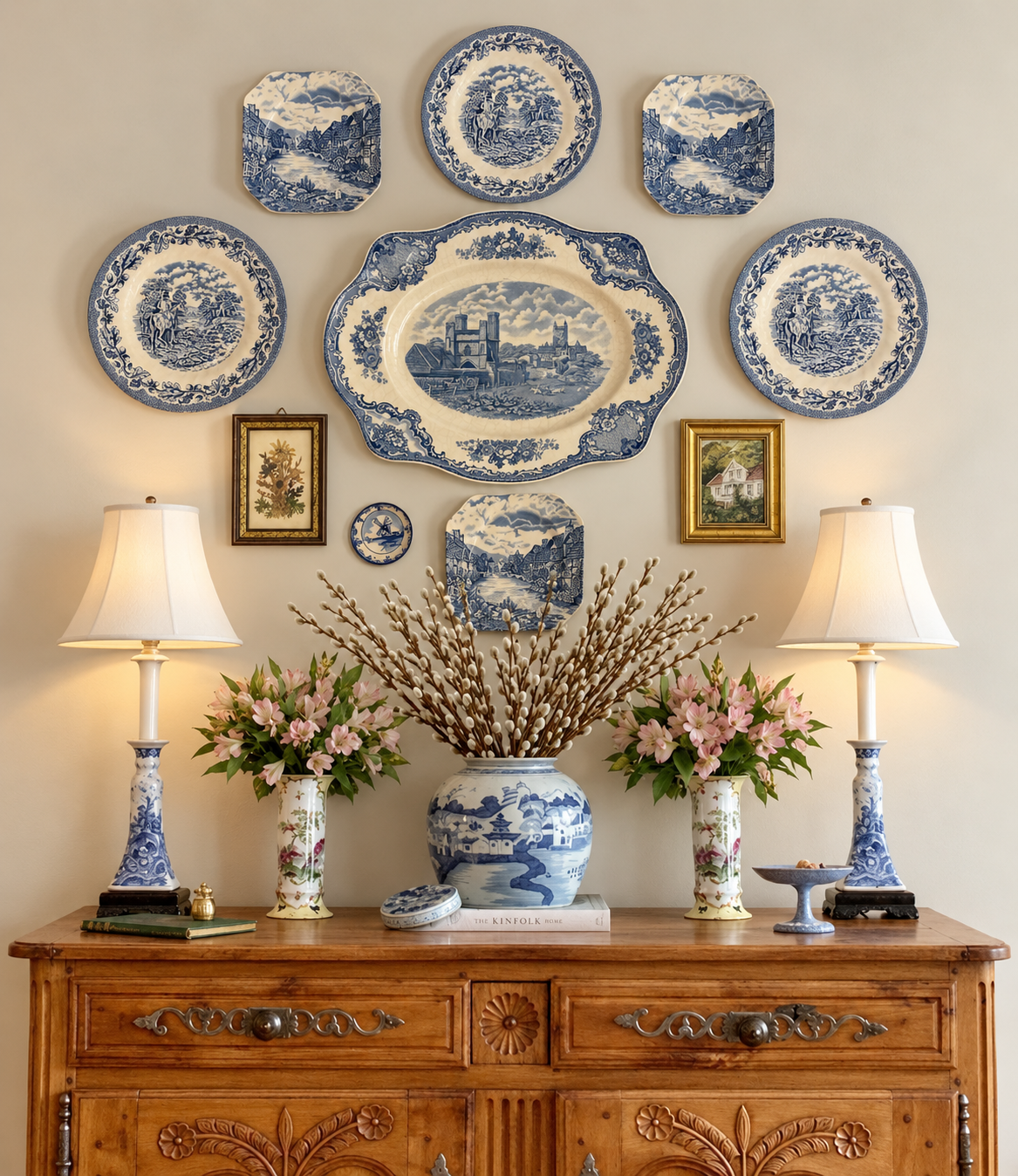 A styled interior scene showing a collection of blue and white ceramic plates and vases arranged on a wooden console table, with two lit table lamps, pink flower arrangements, and framed wall art against a beige wall.