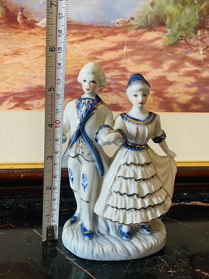 Vintage Blue & White Regency Style Porcelain Figurines – Man & Lady Couple (England) Blue Pottery Home Decor