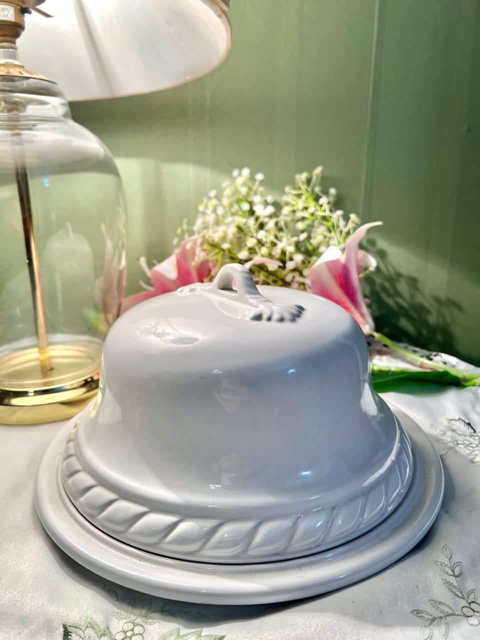 Vintage White Ceramic Cheese Dome & Serving Plate Set