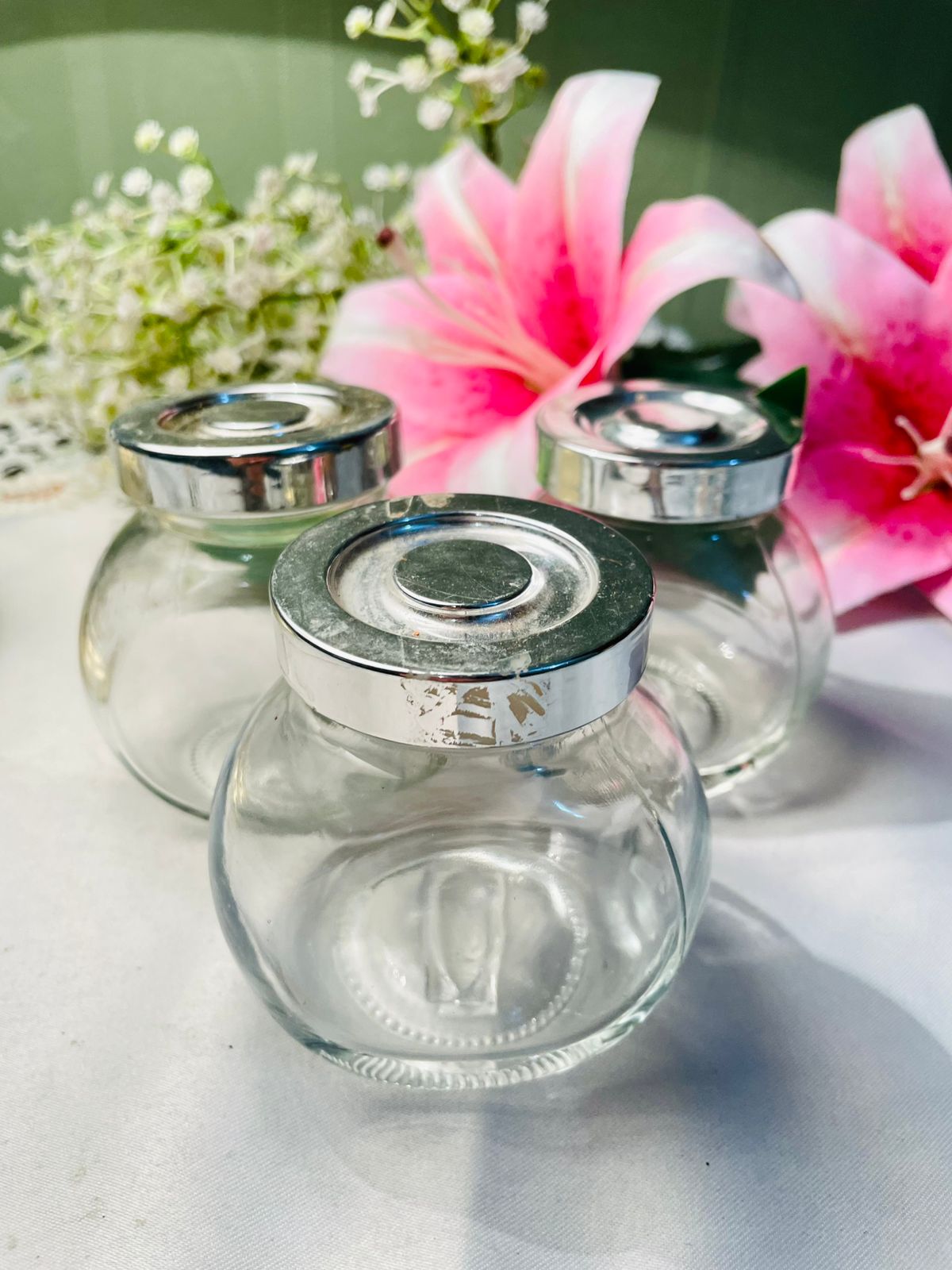 IKEA Clear Crystal Storage Jars with Silver Lids 3pc Set 3.5 in