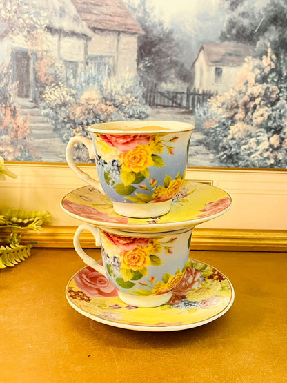 Floral Teacup Candle Set with Saucers Vintage Style