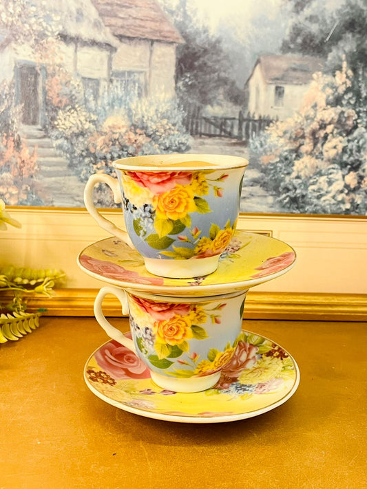 Floral Teacup Candle Set with Saucers Vintage Style