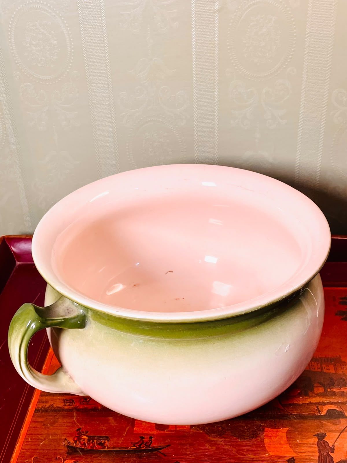 Green & Cream Handled decorative planter 11" Large