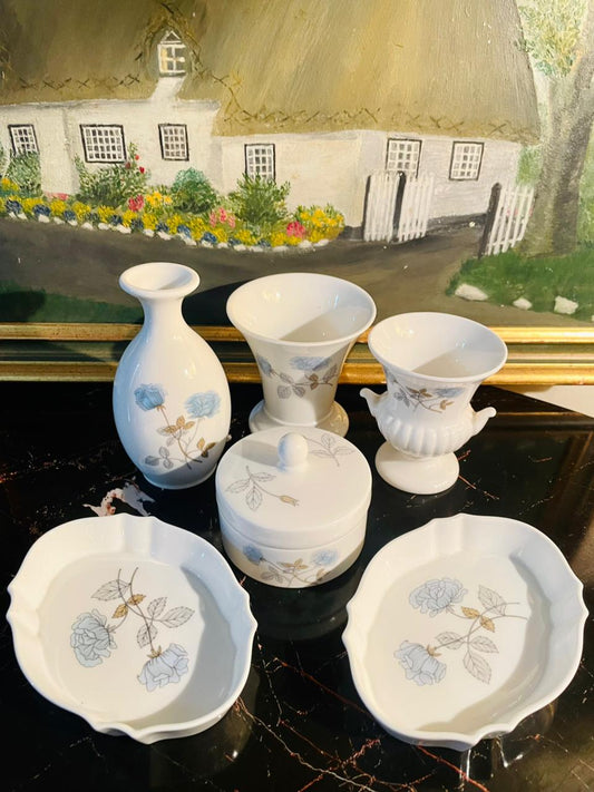 Wedgwood Bone China “Ice Rose” Set of 6  – Decorative Vase, mini dishes & Trinket Set (England)