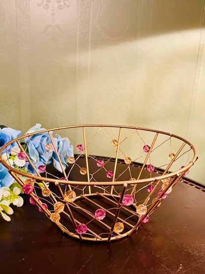 Decorative Gold Metal Fruit Basket with Crystal Bead Accents