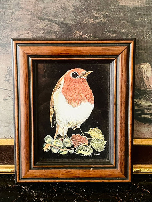vintage bird art, robin framed artwork, Pamela Hardwick Tomatin, English countryside decor, vintage wall frame, wooden frame art England, collectible British art, home decor Pakistan, nature bird wall decor, cottagecore wall art, thrift find Pakistan, European vintage collection