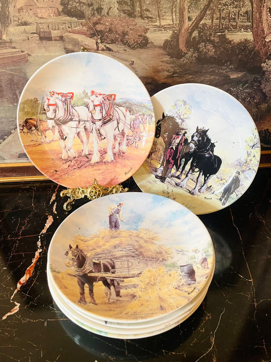 Wedgwood Working Horses plates, M.E. Greensmith art, vintage horse collector plates, Wedgwood England decorative set, countryside decor plates, British farm life ceramics, equestrian art plate set, Wedgwood decorative collection Pakistan, rare thrift finds England, farmhouse vintage plates