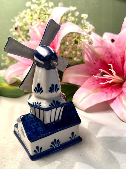 Vintage Delft-Style Blue & White Windmill Figurine with Dutch Couple Approx. 13 cm