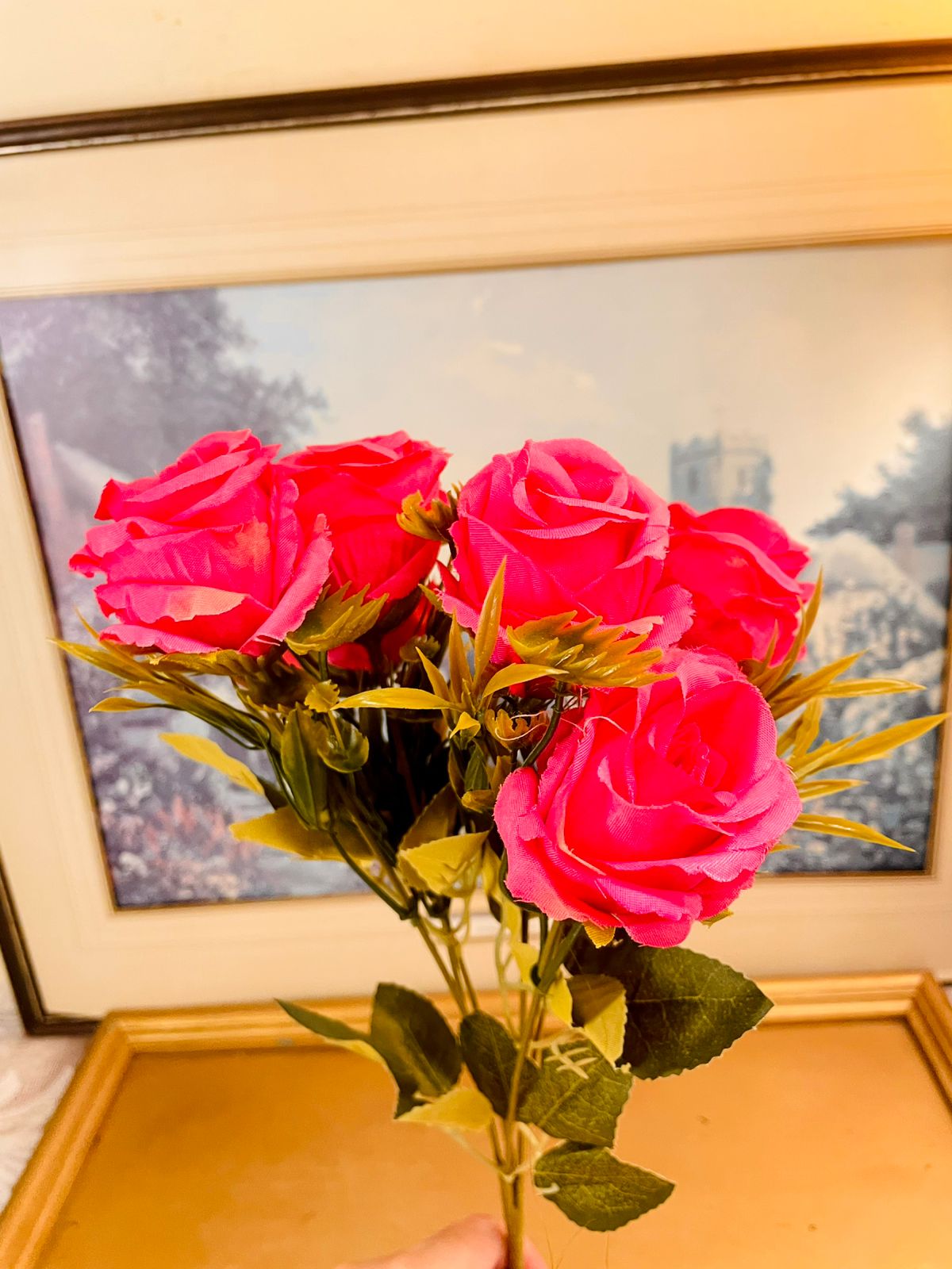 Vintage Hot Pink Faux Rose Bouquet 12.5"
