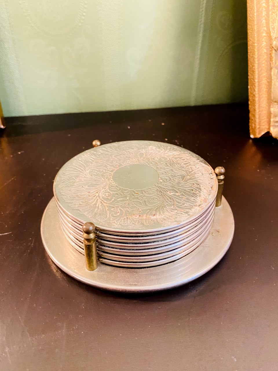 Vintage Silver-Plated Coaster Set of 6 with Holder – 5 Inch