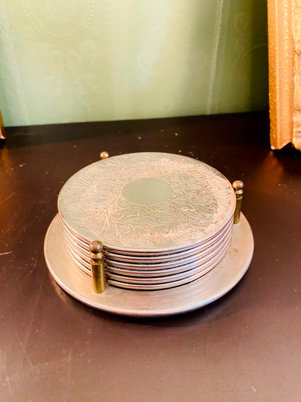 Vintage Silver-Plated Coaster Set of 6 with Holder – 5 Inch