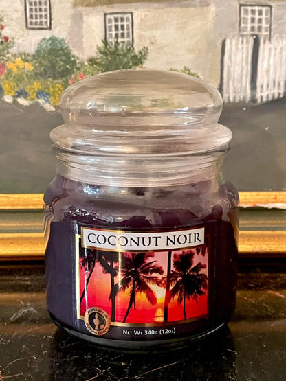 coconut noir candle, scented candle pakistan, tropical home decor, luxury fragrance candle, jar candle with lid, coconut amber scent, cozy home vibes, sunset kitchen finds, home fragrance decor, coconut candle lovers