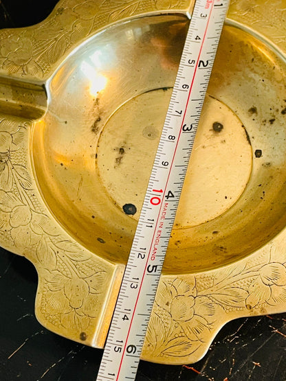 Engraved Brass Ashtray – Vintage Floral Scalloped Design