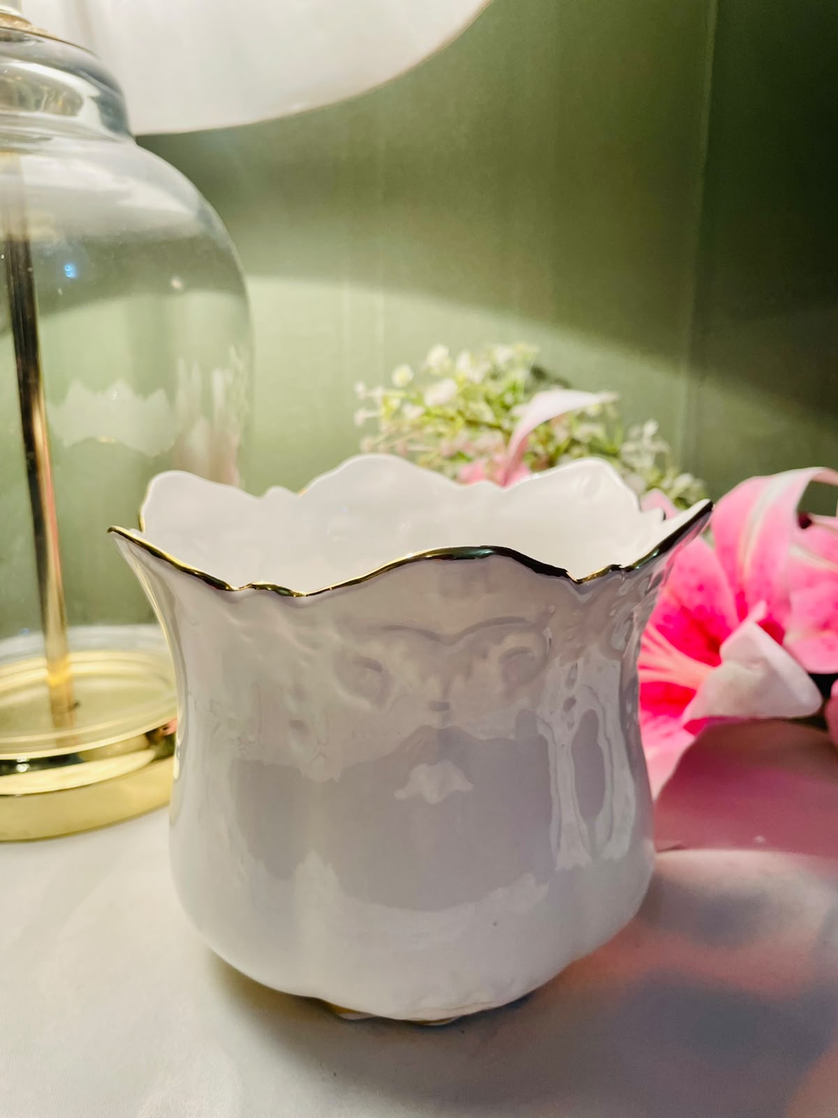 Vintage Brosonic Bone China Victoriana Cachepot – White Embossed Gold-Trim Planter – Made in England