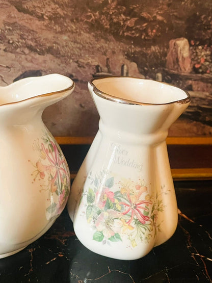 (Rare Find) Vintage English Creamer & Mini Vase Duo – Honeysuckle Floral with Gold Rim