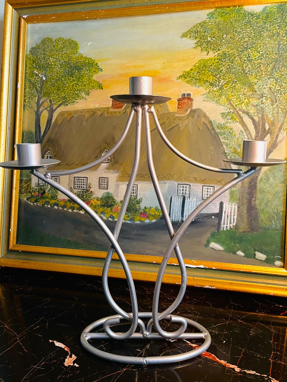 Vintage Silver Metal 3-Arm Candle Holder – Curved Scroll Design