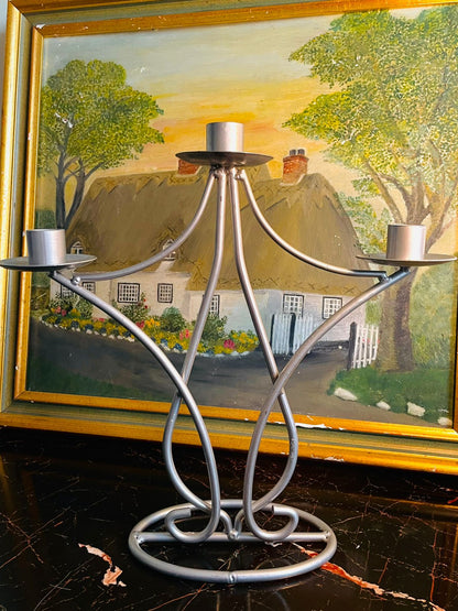 Vintage Silver Metal 3-Arm Candle Holder – Curved Scroll Design