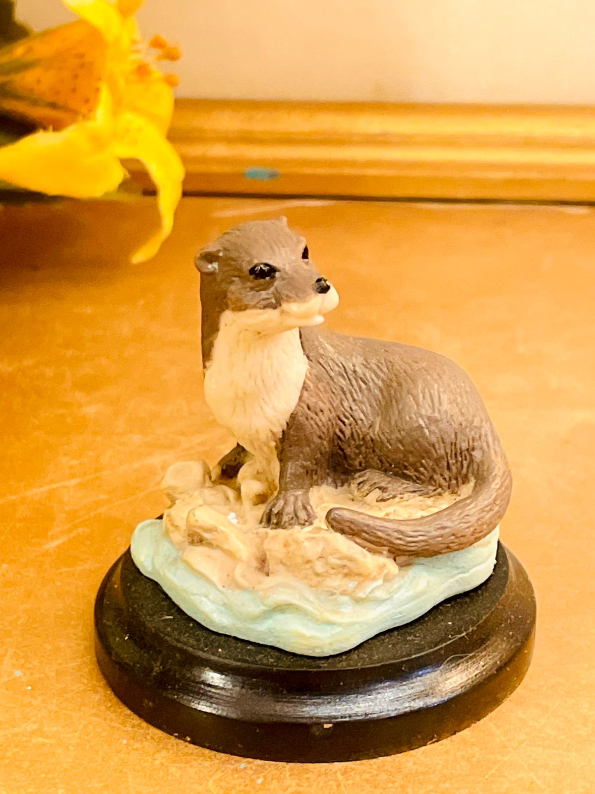 Vintage Otter Figurine on Wooden Base – Miniature Wildlife Animal Ornament