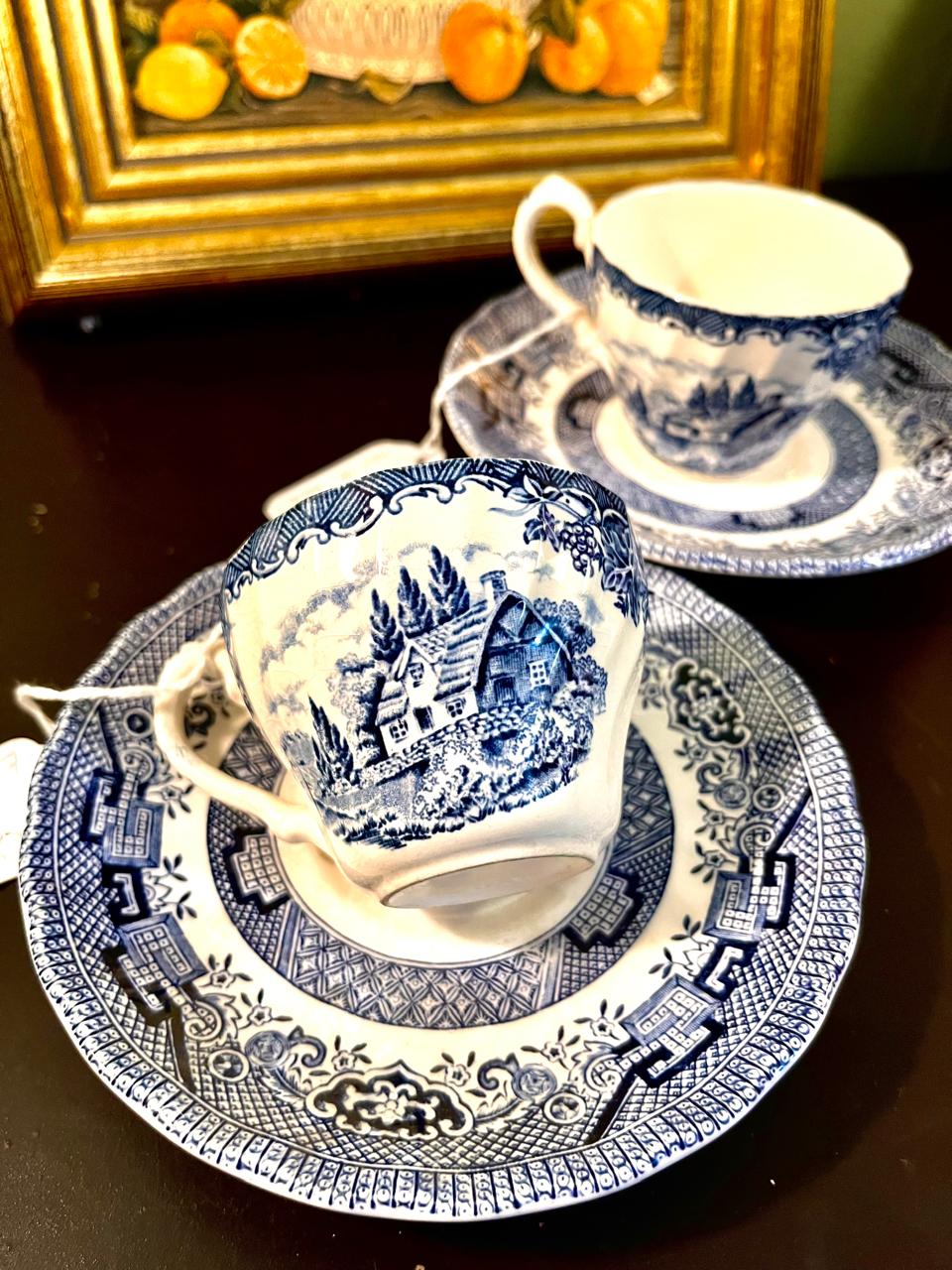 Vintage Blue & White Chinoiserie Teacup & Saucer Set of 2