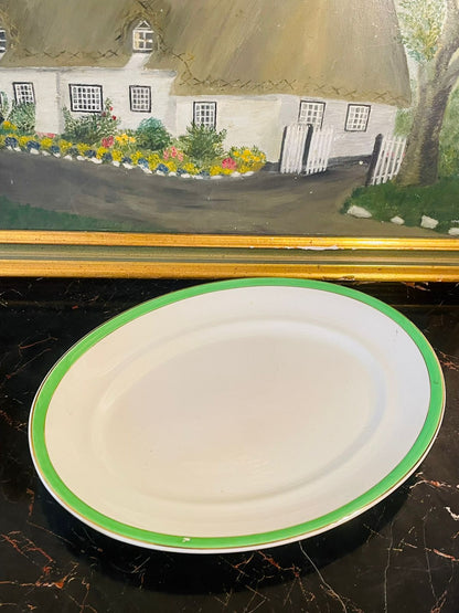 Vintage Oval Serving Platter with Green Rim & Gold Accent – England
