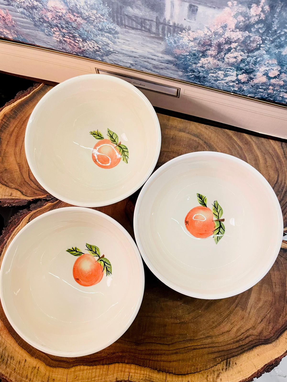 White Porcelain Bowl Orange Stripe Polka Dot Microwave Safe