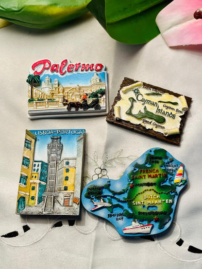 Fridge Magnet 4-Piece Travel Souvenir Decor Set Palermo Lisbon Cayman & St Martin